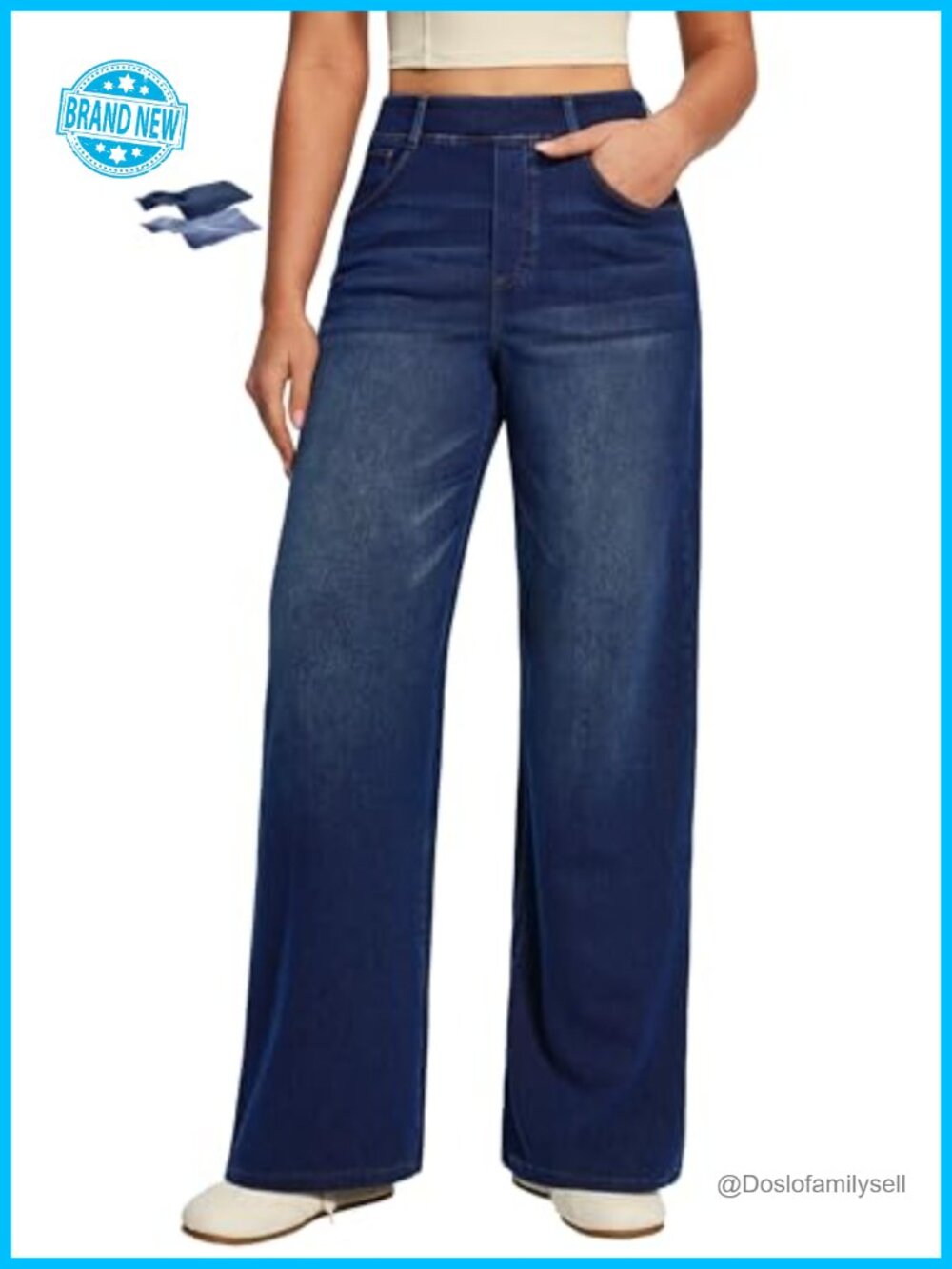 Tummy Control Wide Leg Pull On High Waisted Jeans Stretchy Denim Work Pants